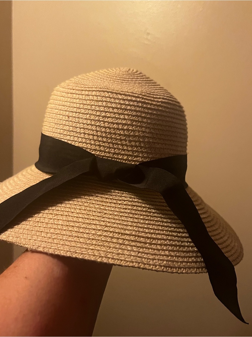 Wide Brim Straw Sun Hat with Black Ribbon - Women's Beach Hat